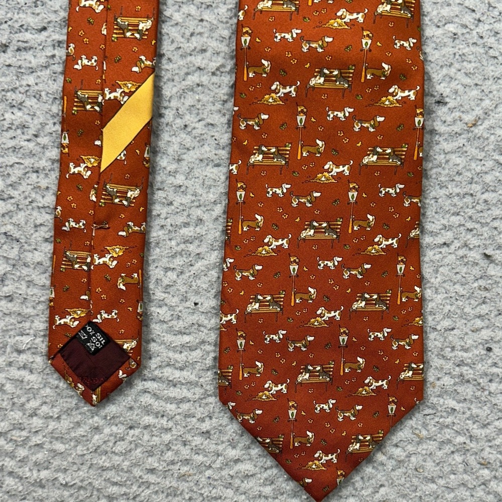 Salvatore Ferragamo Necktie Men OS Basset Hound Dog Burnt Orange 100% Silk Italy